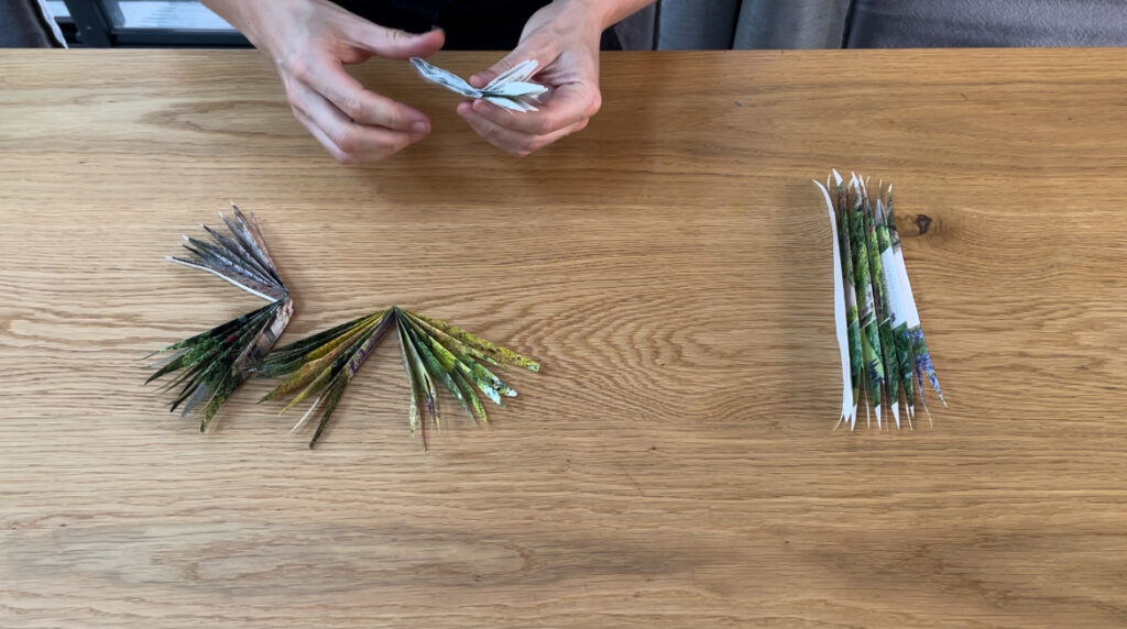 Woman folding harmonica folded pieces of paper in half on wooden table