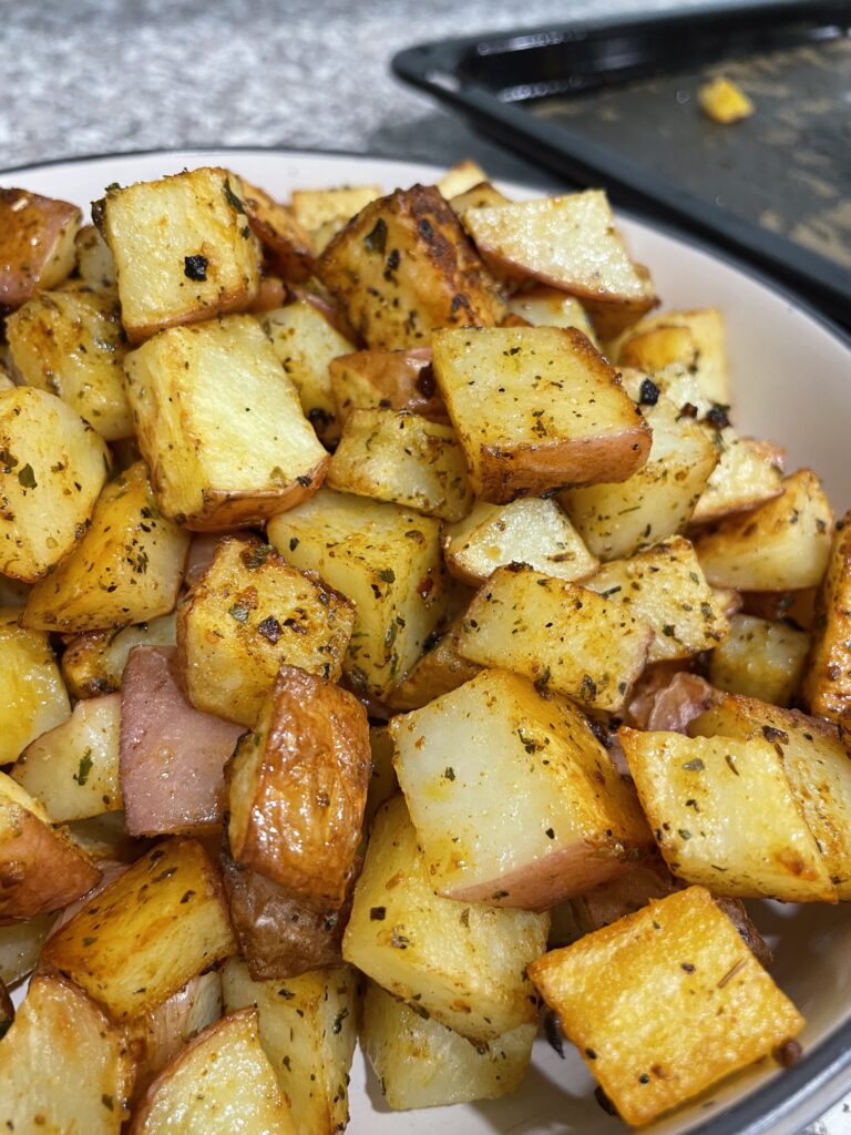 Close up shot of Golden Roast potato chunks