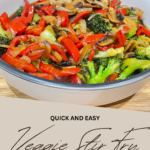 Bowl of vegetables placed on wooden table with caption on beige background on bottom of image