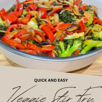 Bowl of vegetables placed on wooden table with caption on beige background on bottom of image