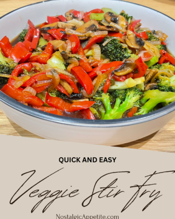 Bowl of vegetables placed on wooden table with caption on beige background on bottom of image