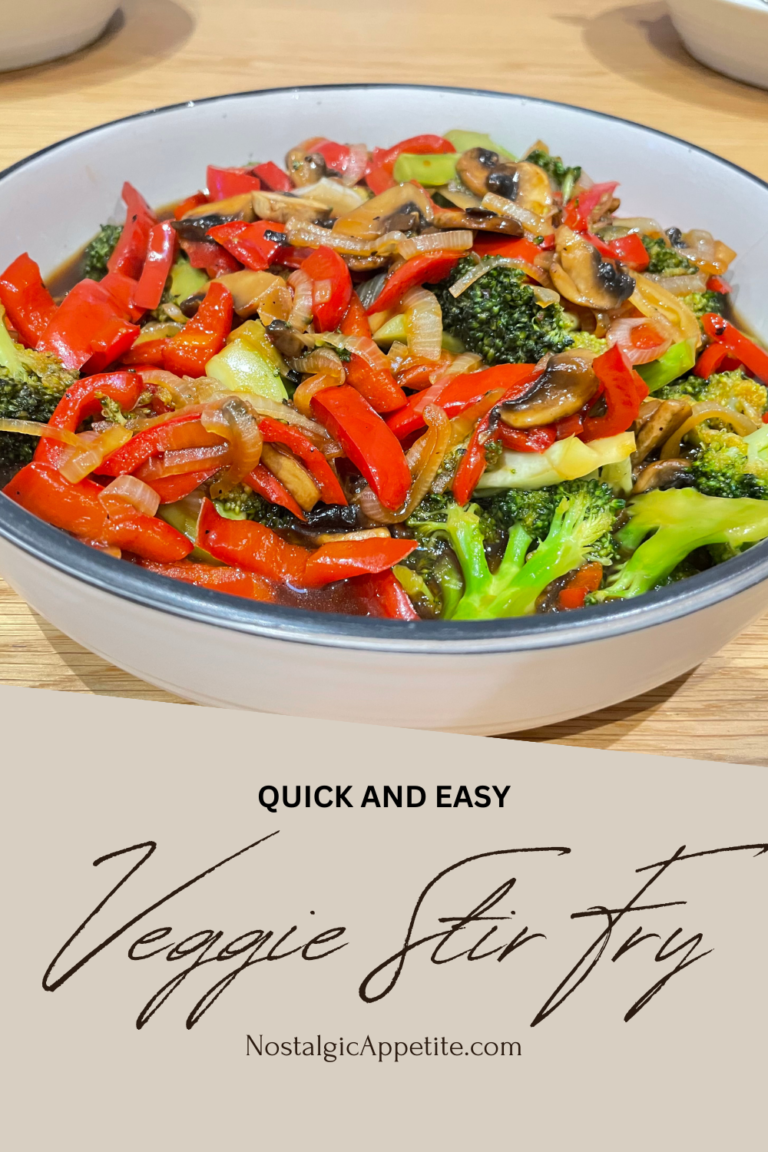 Bowl of vegetables placed on wooden table with caption on beige background on bottom of image