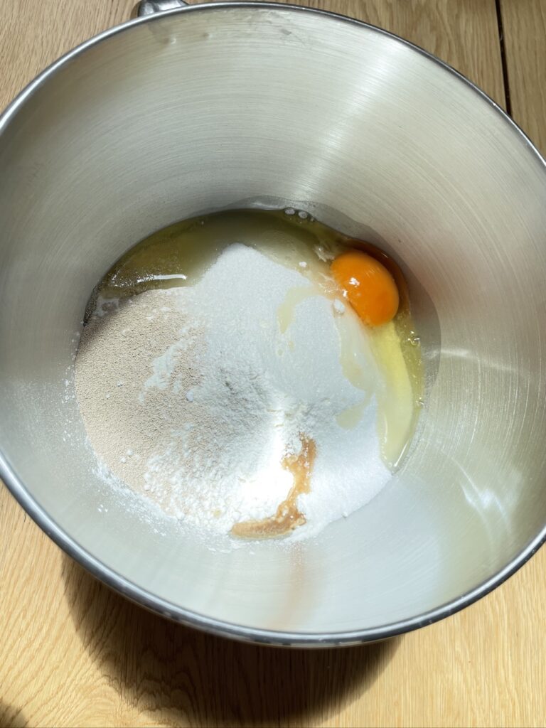 Sweet German bread ingredients in mixing bowl