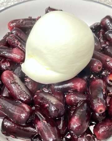 Close up shot of burrata sitting on grilled red grapes