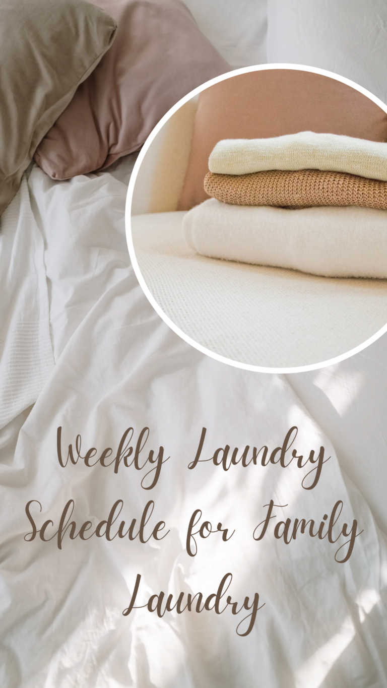 Weekly laundry schedule for family laundry cover page with sheets and folded blankets