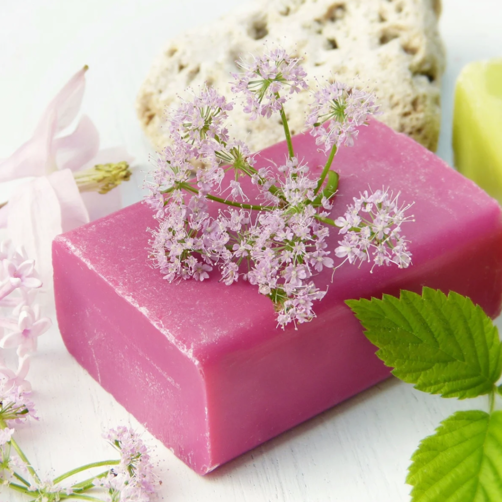 Pink bar of soap with flowers