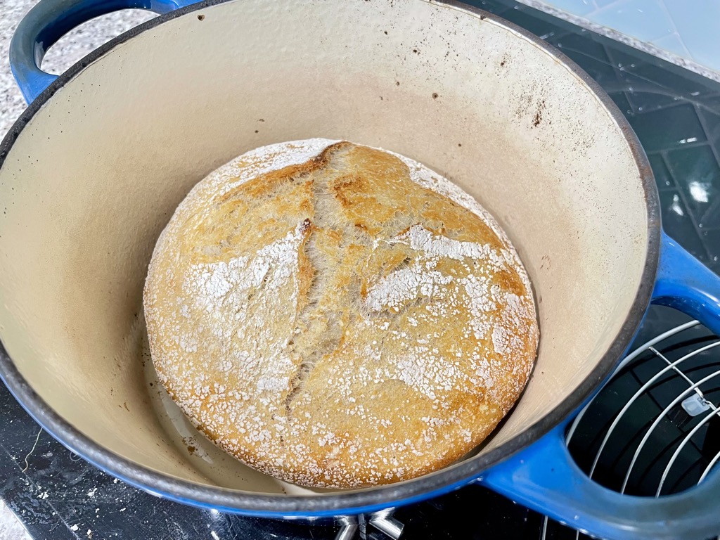 Blue dutch oven on stove top holding crusty sourdough loaf