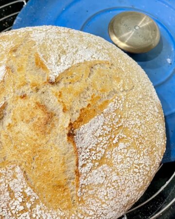 Cooling rack with blue pot lid and sourdough loaf