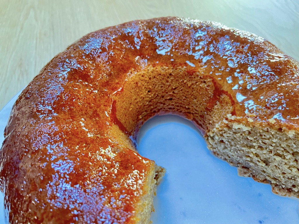 Cut bundt cake with glaze