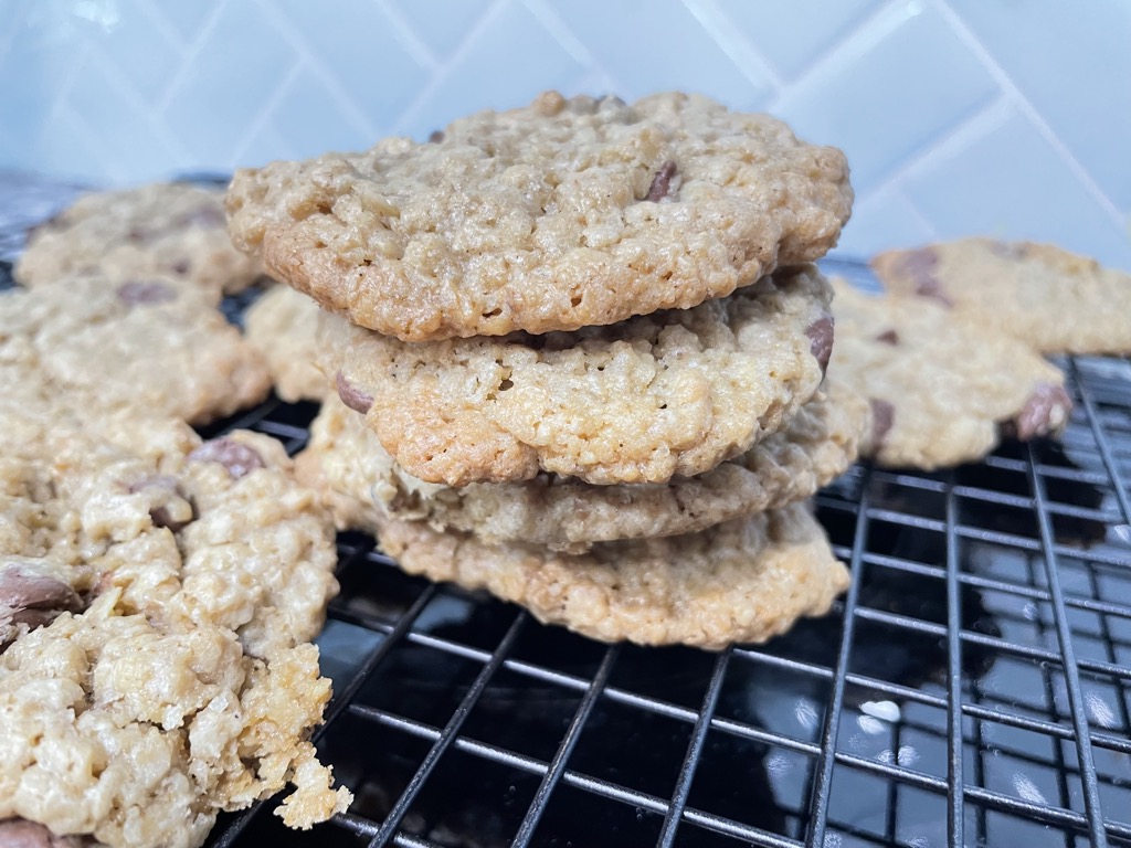 Stack of oatmeal cookies on cooling rack