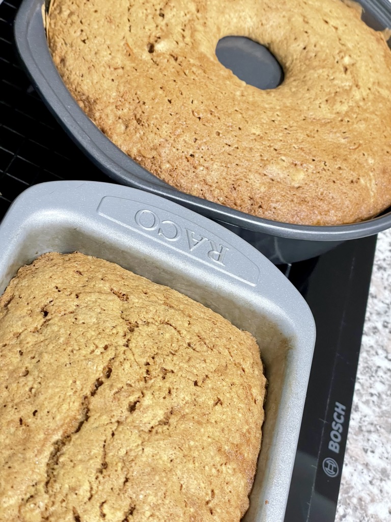 Baked sourdough discard carrot cake in cake tins