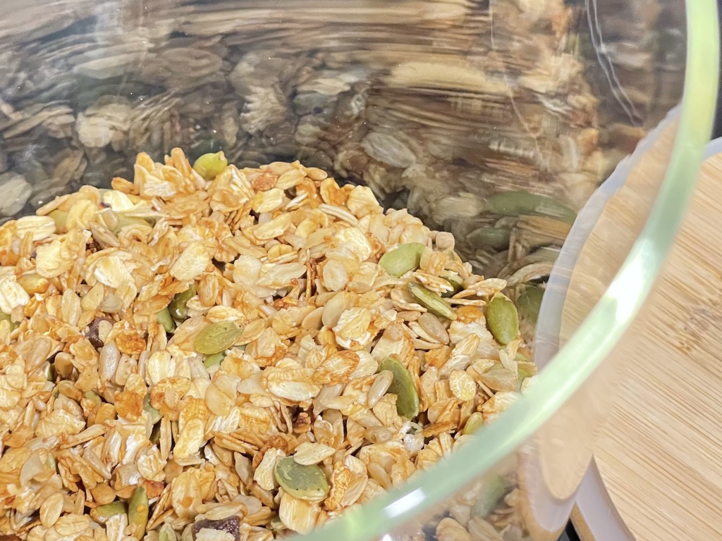 Close up shot of granola in glass jar