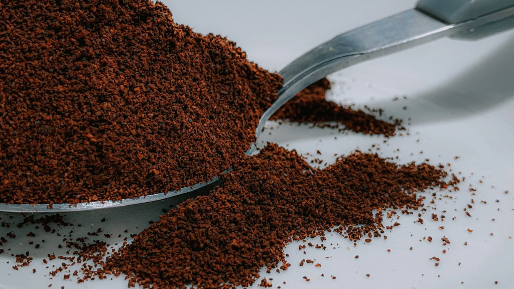 Ground coffee beans on silver spoon