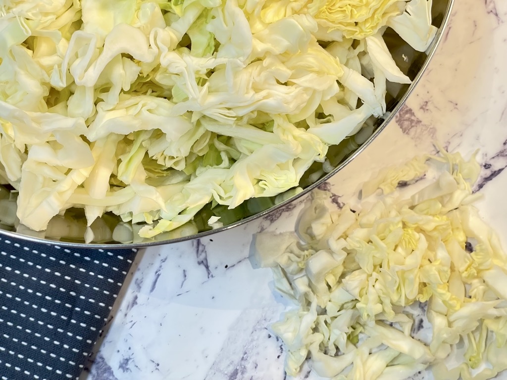 shredded white cabbage in silver bowl