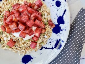 close up shot of Rustic Rhubarb Granola Bowl on linen napkin