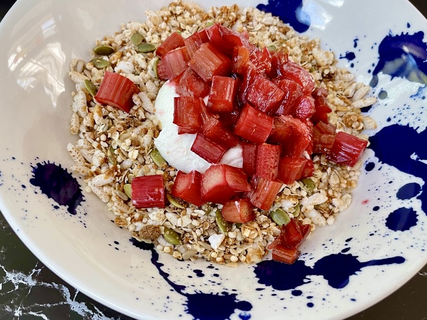 close up shot of Rustic Rhubarb Granola Bowl