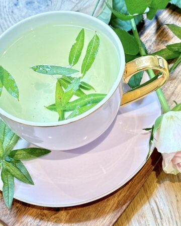 Light pink tea cup with tea leaves and water placed on wooden board with pink rose