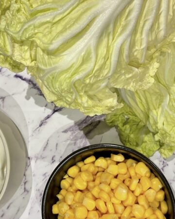 Napa cabbage, bowl of corn and bowl of yoghurt on kitchen bench