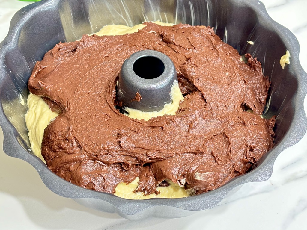 White and brown cake batter in bundt tin