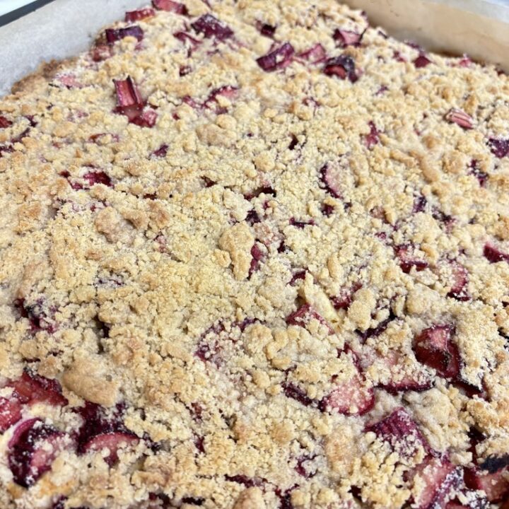 Baked rhubarb streusel cake on tray