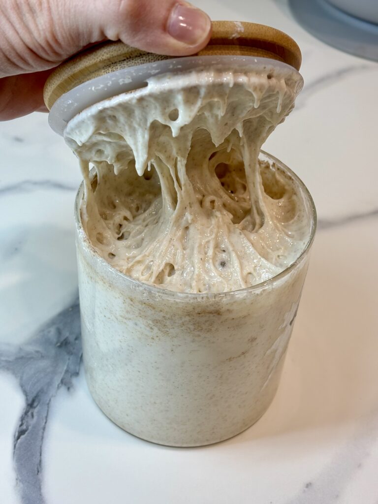 hand lifting wooden lidd off glass jar filled with bubbly sourdough starter