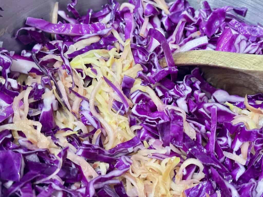 Sliced apple and red cabbage in bowl with wooden spoon