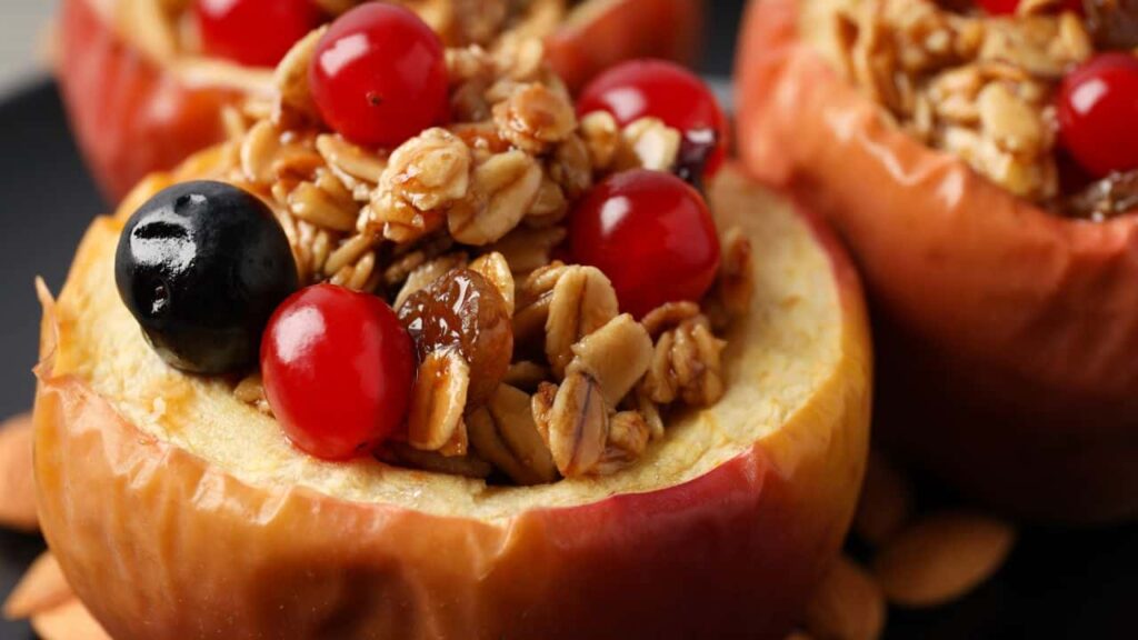 Close up shot of a baked apple stuffed with oats, raisins and currants