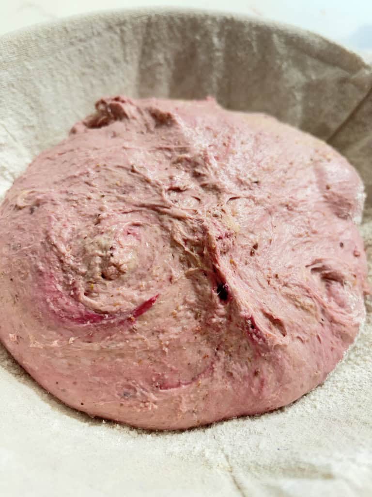 Pink bread dough in baneton