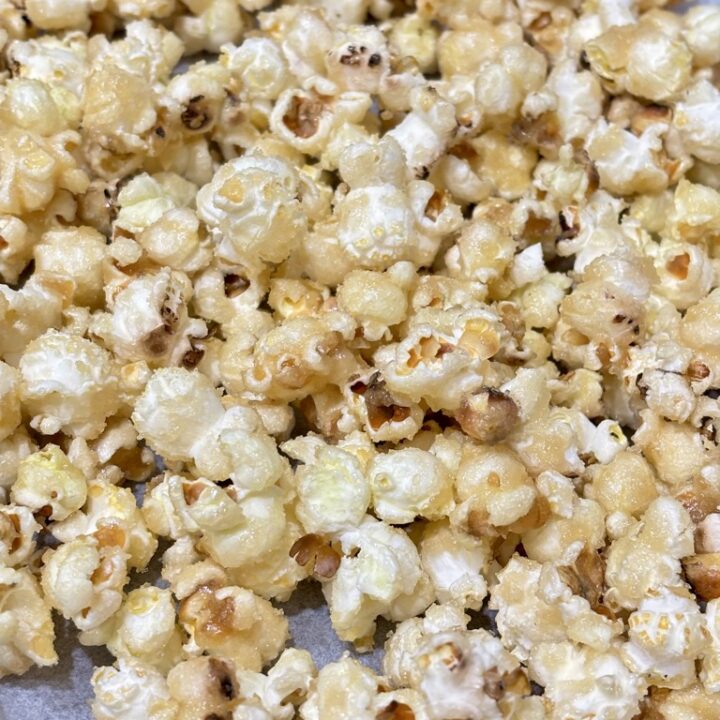 Vegan caramel popcorn on parchment paper