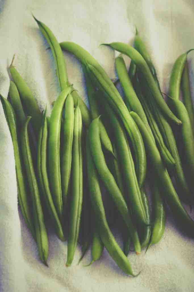 A pile of freshly rinsed green beans laid out to dry on a soft cream cloth, capturing the essence of slow, mindful cooking with simple garden ingredients.