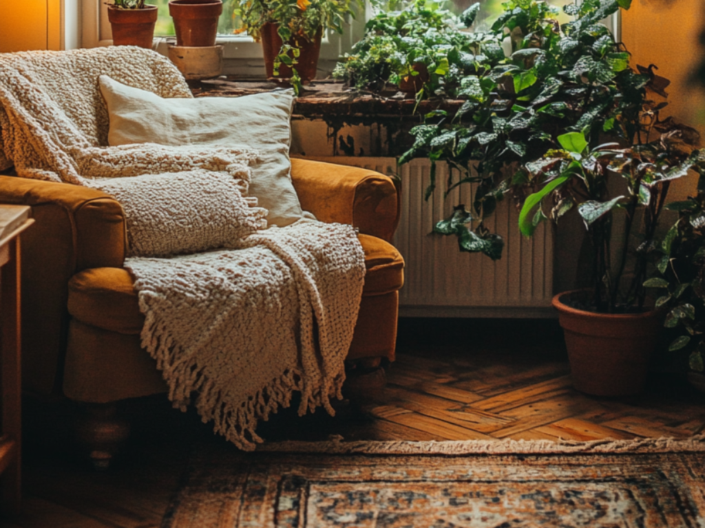 Inviting living room with a mustard armchair, cozy blanket, and layered rugs—spaces like these are prime spots for candle wax spills.