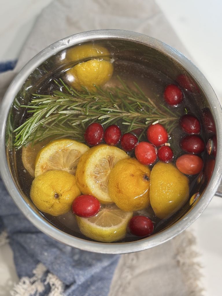 Top-down view of a holiday simmer pot blend made from citrus slices, cranberries, and rosemary sprigs.