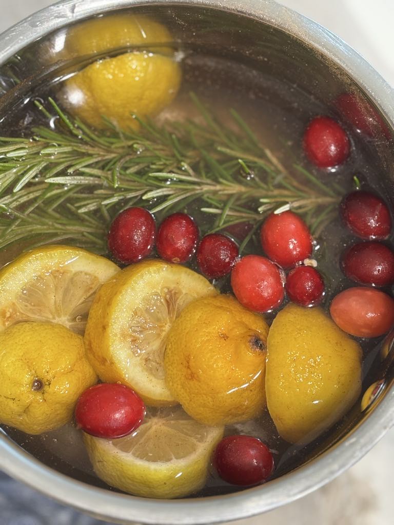 Christmas potpourri simmering gently with citrus fruit, cranberries, and herbs for a cozy winter home scent.
