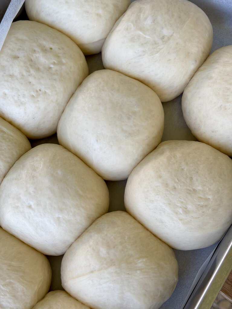 Soft dinner roll dough balls risen in a baking pan before baking, showing smooth rounded tops.